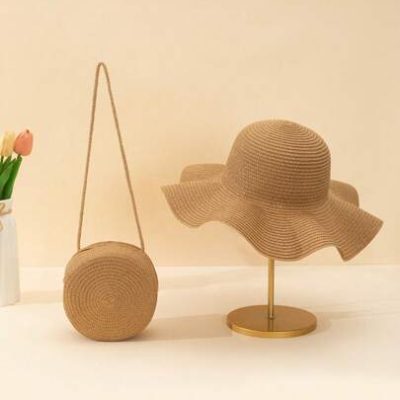 2pcs/Set Women’s Khaki Wavy Brim Beach Sun Hat And Large Round Straw Woven Crossbody Bag, Suitable For Daily Vacation Travel