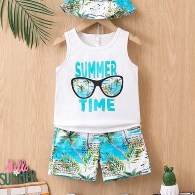 2pcs/Set Young Boys’ Casual Palm Tree & Sea Waves Print Vest, Shorts And Hat Set For Summer Vacation