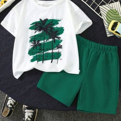 2pcs/Set Young Boys’ College Style Comfortable And Practical White Short Sleeve T-Shirt And Shorts, With Matching Print, Ideal For Vacation And…