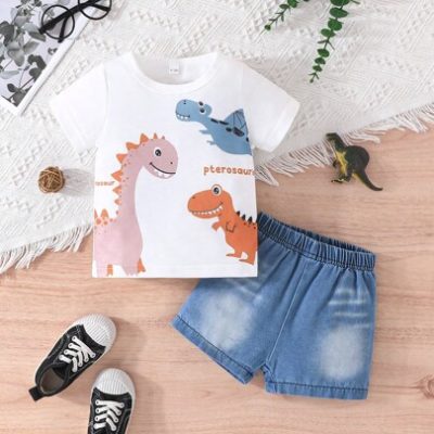 2pcs/Set Young Boys’ Stylish Dinosaur Pattern Short Sleeve T-Shirt And Denim Shorts Summer Outfits