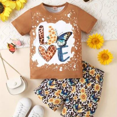 2pcs/Set Young Girls’ Casual Butterfly Sunflower & Letter Pattern Short Sleeved Knit T-Shirt And Shorts Summer Outfits