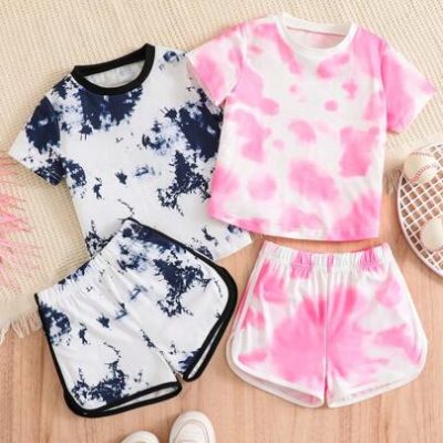 2pcs/Set Young Girls’ Casual Tie-Dye Short Sleeve T-Shirt And Shorts, Comfortable And Cool