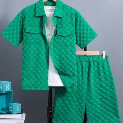 2pcs Teen Boy Short Sleeve Apple Green Shirt And Shorts Set