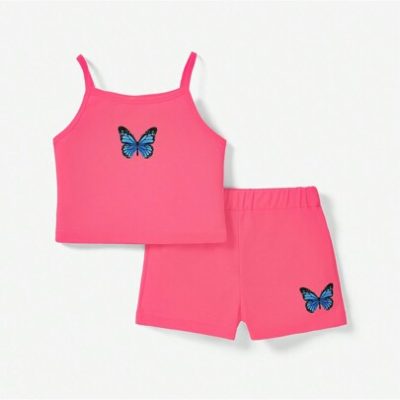 2pcs Toddler Girl Butterfly Print Camisole And Shorts Set