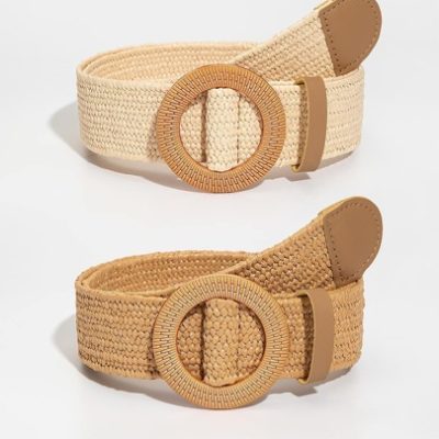 2pcs Women Round Buckle Boho Straw Belt For Daily Life