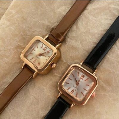 2pcs Women’s Quartz Black + Brown Pu Leather Strap Square Small Dial Wrist Watch