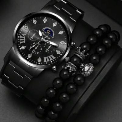 3pcs Fashionable Versatile Men’s Quartz Watch Matching Beaded Bracelet Set