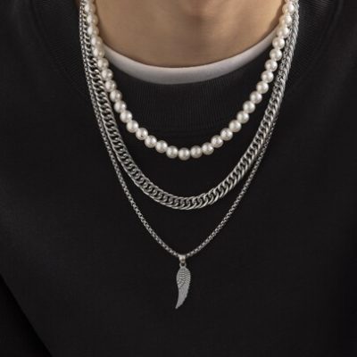 3pcs Men Faux Pearl Decor Necklace