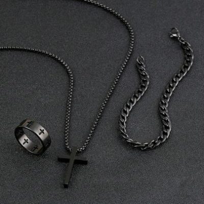 3pcs men’s black jewelry three-piece set, cross necklace, bracelet, cross ring, suitable for daily decorative wear