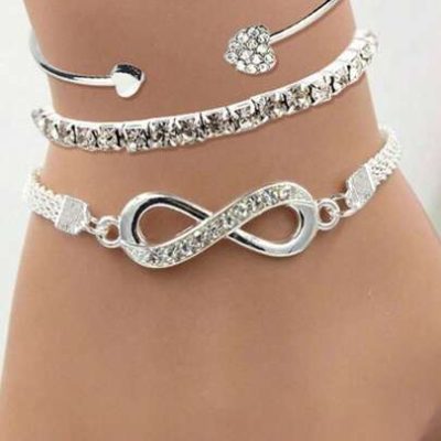 3pcs/Set Fashionable Heart Shape & Infinite Luck Element Design Bracelet And Bangle Set With Rhinestone Inlay, Ideal Gift For Party, Jewelry