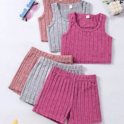 3pcs/Set Simple And Comfortable Racerback Tank Tops And Shorts For Young Girls