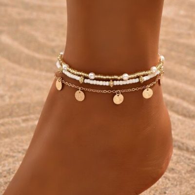 3pcs/set Simple Gold-tone Circular Pendant Tassel Beaded Anklet For Women, Suitable For Daily Wear And Vacation