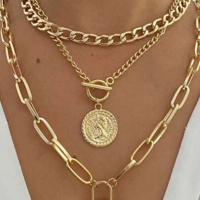 3pcs/Set Vintage Coin Pendant Necklaces Chain Layered Jewelry For Women