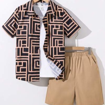 3pcs Tween Boys’ Loose Cute Round Neck Vest, Turn-Down Collar Woven Pattern Shirt And Short Set