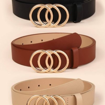 3pcs Women Black Khaki  Triple Round Buckle Fashionable Belt For Daily Decoration