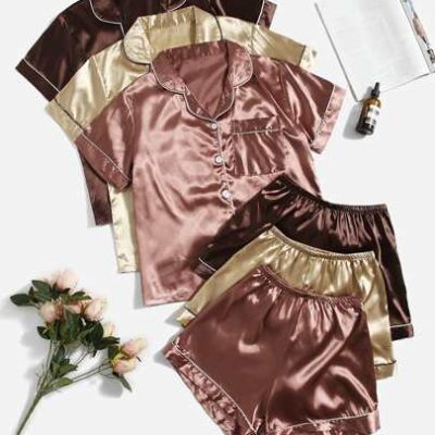 3sets Contrast Piping Satin Blouse & Shorts PJ Set