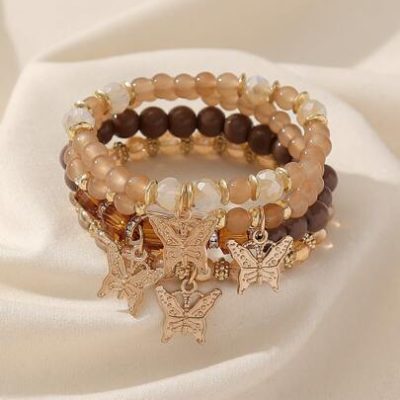4pcs/set Bohemian Style Handmade Square Glass Beaded Bracelet Set With Flower, Butterfly Pendant For Women (elastic)