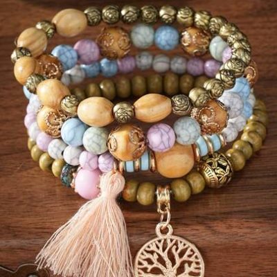 4pcs/Set Bohemian Style Tassel Life Tree Pendants Multilayered Beaded Bracelet