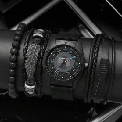 4pcs/Set Fashionable Business Style Men’s Quartz Watch With Bracelet Set