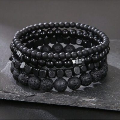 4pcs/set Vintage Unusual Matte Lava Rock & Wooden Beads With Spacer Elastic Bracelet