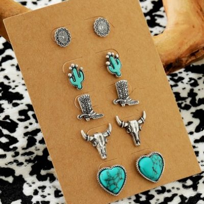 5 Pairs Vintage Western Style Turquoise Decorated Cactus Cowboy Boots Bull Head Heart Stud Earrings Set for Women