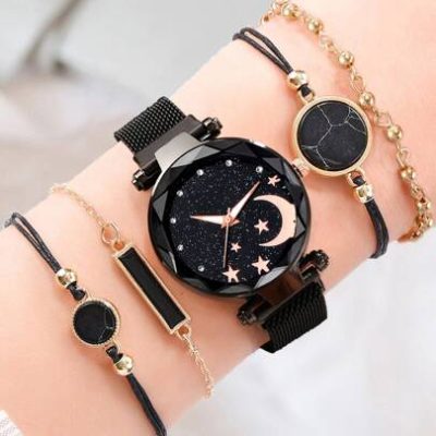 5pcs Fashion trend girl starry sky moon star studded diamond lady lazy iron magnet black mesh quartz watch paired with trendy bracelet set