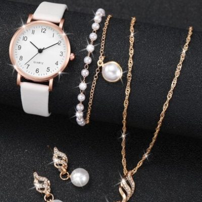 5pcs/set Fashionable Ladies’ Pu Leather Strap Simple Dial Quartz Watch With Number Markers And Jewelry Set
