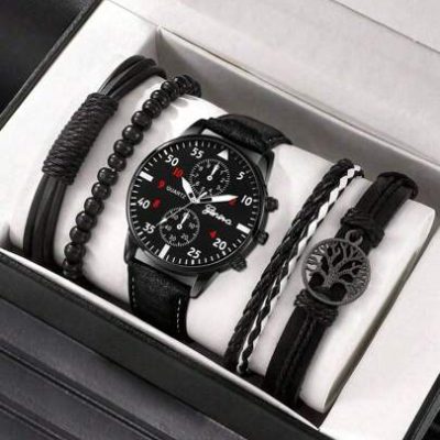 5PCS/Set Fashionable Men Business Casual Black Tree Of Life Bracelet Leather Quartz Watch