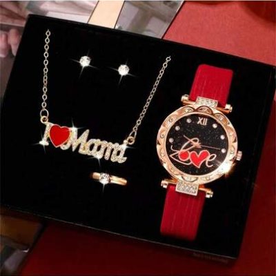 5pcs/Set Women’s ‘i Love Mama’ Quartz Watch Shiny Rhinestone Analog Wristwatch And Jewelry Set For Mother’s Day Gift