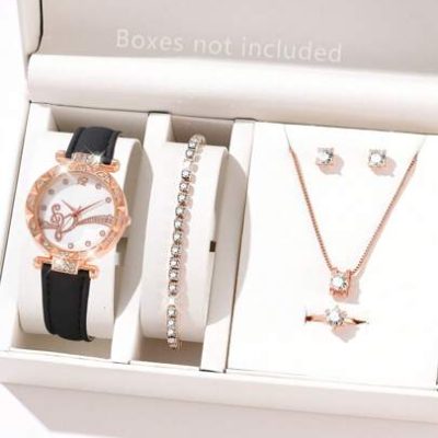 6pcs Casual Ladies PU Leather Strap Quartz Wristwatch With Rhinestone Scale, Heart Pattern, And Rhinestone Necklace, Ring, Bracelet, Earrings…