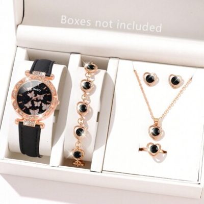 6PCS Fashion Lady PU Leather Strap Quartz Watch Diamond-Studded Necklace Butterfly Bracelet Ring Earring Watch Accessory Set