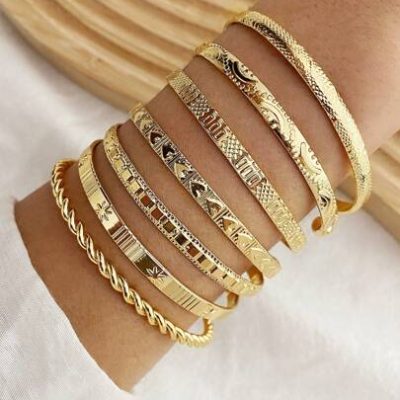 7pcs/Set European And American Style Bohemian Twist Metal Bangle, With Star, Heart And Open Adjustable Design, For Women’s High-End Jewelry Outfit