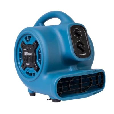 925 CFM 3-Speed Multi-Purpose Mini Mighty Air Mover Utility Blower Fan with Power Outlets and Timer in Blue