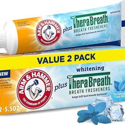 ARM & HAMMER Toothpaste Plus TheraBreath Breath Fresheners, Invigorating ICY Mint Flavor, Whitening Anticavity Fluoride Toothpaste for Bad Breath,…