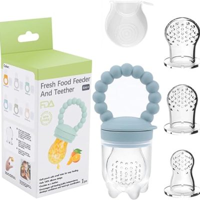 Baby Fruit Food Feeder Pacifier Infant Teether Toy Fresh Food Feeder with 3 Sizes Silicone Pouches for Toddlers (Blue, 5Pcs Set)