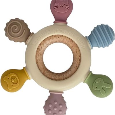 Baby Teether (Beige, Ring), Food Grade Silicone Ring, Wood Ring, Teething Toy