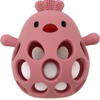 Baby Teething Toy Silicone Hollow Chick Teether Toy for Baby BPA Free Sensory Teether Toy (Dark Red)