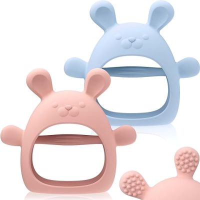 Baby Teething Toys Silicone 2 Pack Teethers Pacifier for Babies Over 3 Months Anti Dropping Wrist Hand Teethers Mitten Baby Chew Toys for Sucking…