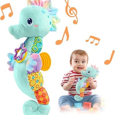 Baby Toys Musical Seahorse,Infant Stuffed Animal Toys with Crinkle and Rattles,Soft Sensory Toys with Textures for Tummy Time Newborn Boys Girls 0…