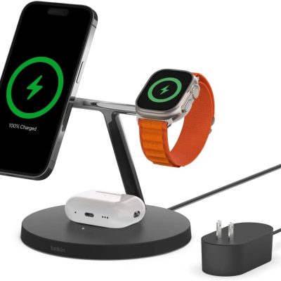 Belkin MagSafe 3-in-1 Wireless Charging Stand – 2ND GEN w/ 33% Faster for Apple Watch – iPhone 15, 14 & 13 Series, & AirPods -Charging Station for…