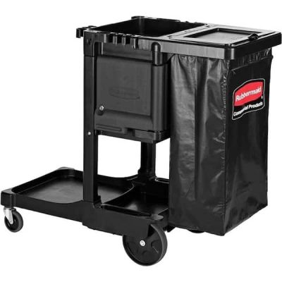 Black Janitorial and Housekeeping Cleaning Cart with Locking Cabinet, 4 Wheels and Zippered Black Vinyl Bag