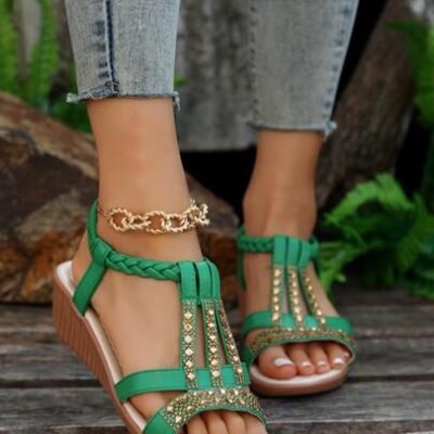 Bohemian Rhinestone Wedge Sandals For Women, Comfortable, Slip-resistant With Thick Sole And Versatile