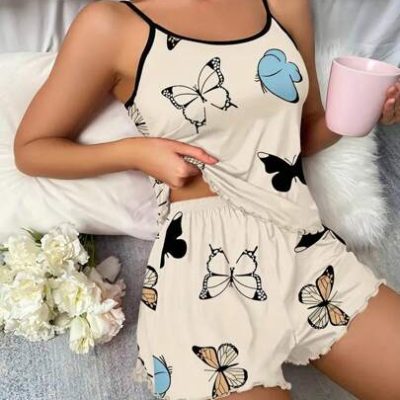 Butterfly Print Contrast Binding Lettuce Trim PJ Set