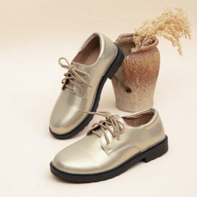 Children Gold Shiny Round Toe Student Leather Shoes