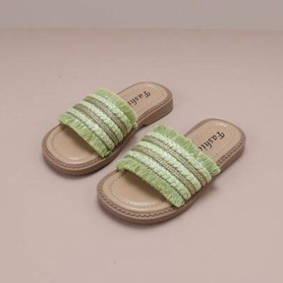 Children Green Woven Tassel Fashion One-Word Slip-On Vacation Sandals