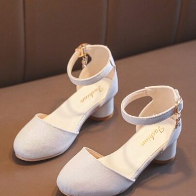 Children High-Heeled Half-Pack Sandals Girls” Leather White Princess Shoes Stage Performance Walking Show Summer Kids High-Heeled Shoes