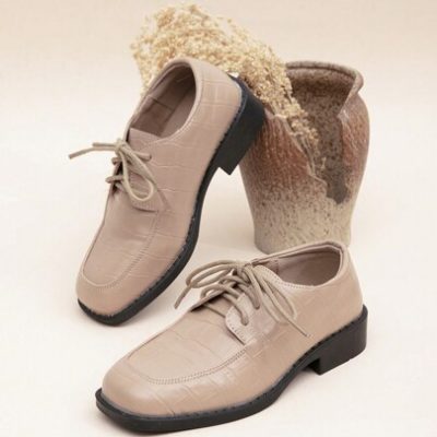 Children Ribbon Tie Apricot Shiny Square-Toed Street-Style Leather Shoes.