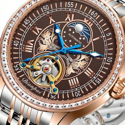 Classic Style New Men Automatic Mechanical Watch With Night Light, Moon Phases, Starry Sky Pattern, Diamond Inlay, Waterproof And Stainless Steel…