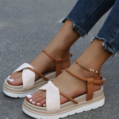 Colorblock Crossover Strap Flatform Ankle Strap Sandals