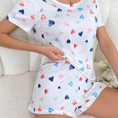 Colorful Small Heart Print Short Sleeve Shirts And Shorts Women’s Pajama Set